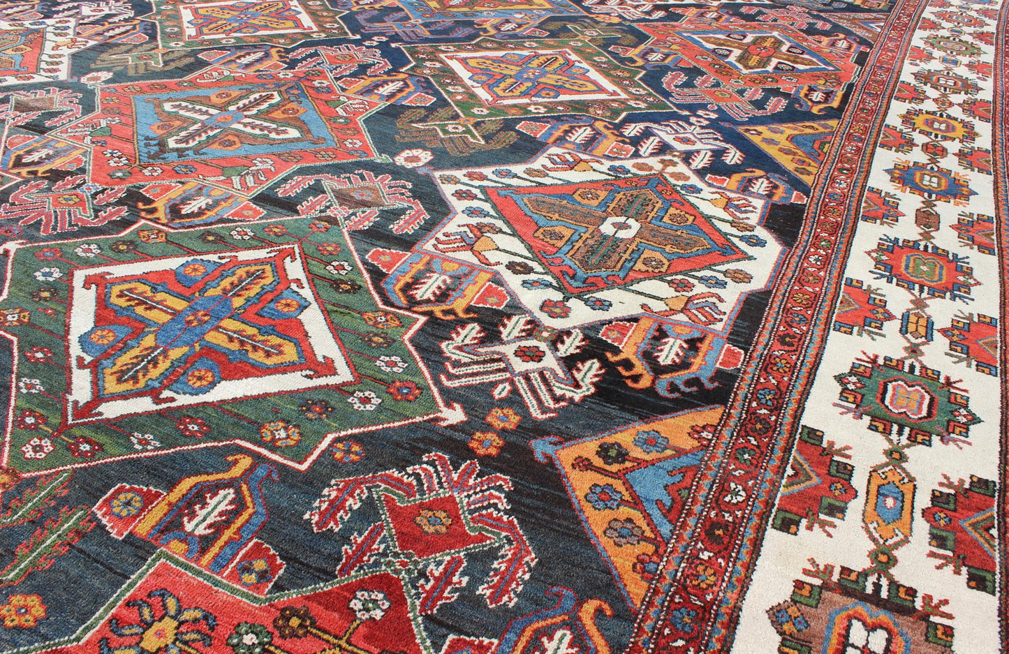 Very Large Antique Persian Bakhtiari Rug with Diamond Design in Dark Blue. All - over and large scale diamond design, large antique Persian Bakhtiari rug in red, blue, green, gold, rug zir - 10, country of origin / type: Iran / Bakhtiari, circa 1920 ... - Keivan Woven ArtsZIR - 10 - 9992