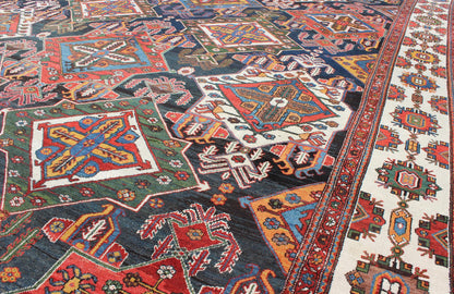 Very Large Antique Persian Bakhtiari Rug with Diamond Design in Dark Blue. All - over and large scale diamond design, large antique Persian Bakhtiari rug in red, blue, green, gold, rug zir - 10, country of origin / type: Iran / Bakhtiari, circa 1920 ... - Keivan Woven ArtsZIR - 10 - 9992