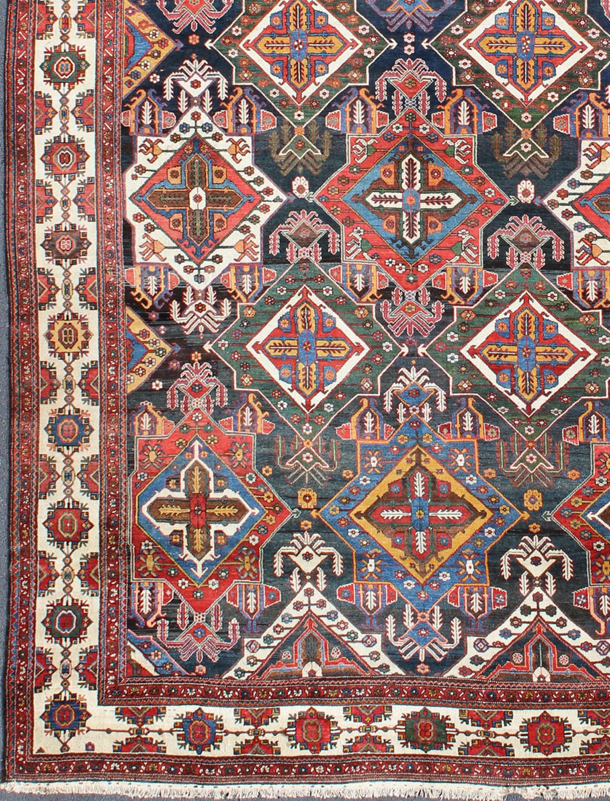 Very Large Antique Persian Bakhtiari Rug with Diamond Design in Dark Blue. All - over and large scale diamond design, large antique Persian Bakhtiari rug in red, blue, green, gold, rug zir - 10, country of origin / type: Iran / Bakhtiari, circa 1920 ... - Keivan Woven ArtsZIR - 10 - 9992
