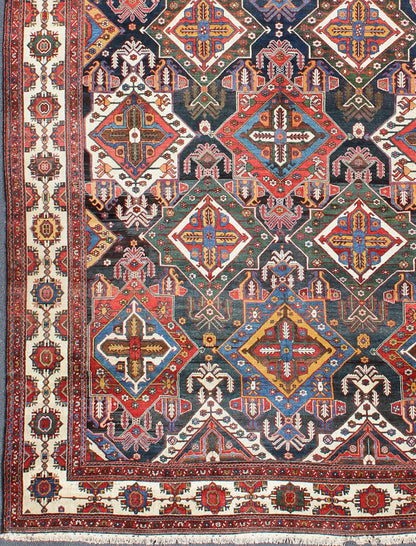 Very Large Antique Persian Bakhtiari Rug with Diamond Design in Dark Blue. All - over and large scale diamond design, large antique Persian Bakhtiari rug in red, blue, green, gold, rug zir - 10, country of origin / type: Iran / Bakhtiari, circa 1920 ... - Keivan Woven ArtsZIR - 10 - 9992