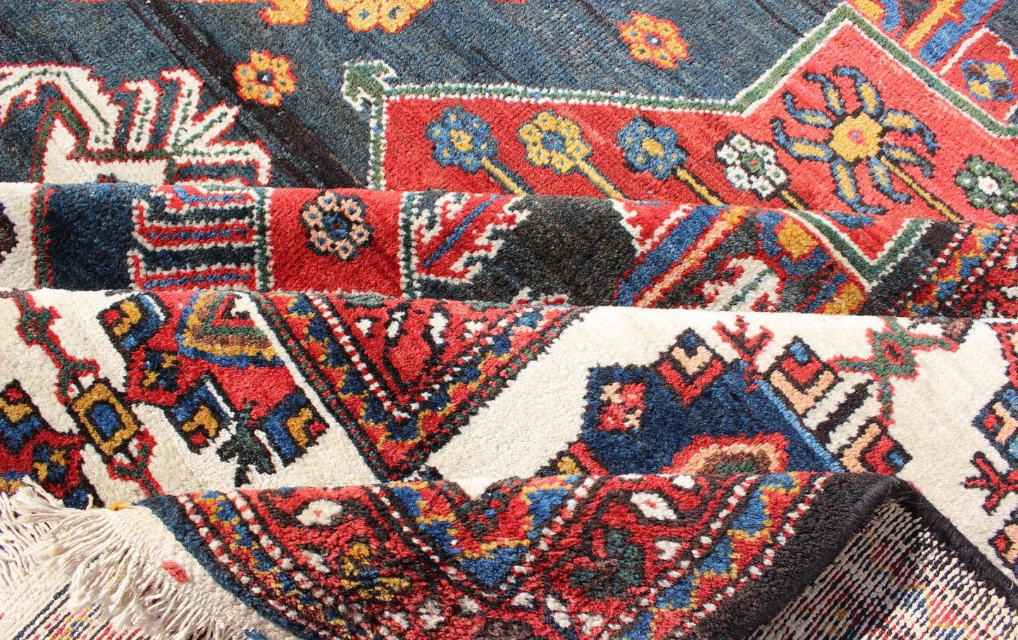 Very Large Antique Persian Bakhtiari Rug with Diamond Design in Dark Blue. All - over and large scale diamond design, large antique Persian Bakhtiari rug in red, blue, green, gold, rug zir - 10, country of origin / type: Iran / Bakhtiari, circa 1920 ... - Keivan Woven ArtsZIR - 10 - 9992