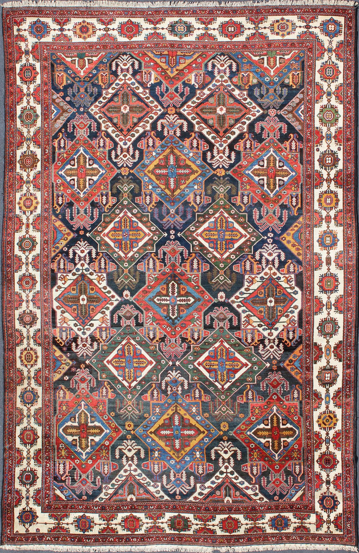 Very Large Antique Persian Bakhtiari Rug with Diamond Design in Dark Blue. All - over and large scale diamond design, large antique Persian Bakhtiari rug in red, blue, green, gold, rug zir - 10, country of origin / type: Iran / Bakhtiari, circa 1920 ... - Keivan Woven ArtsZIR - 10 - 9992Rug