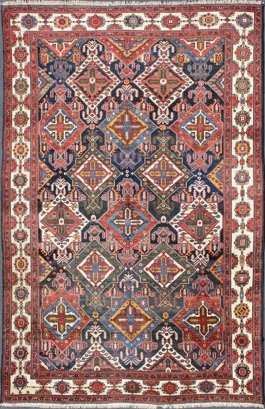 Very Large Antique Persian Bakhtiari Rug with Diamond Design in Dark Blue. All - over and large scale diamond design, large antique Persian Bakhtiari rug in red, blue, green, gold, rug zir - 10, country of origin / type: Iran / Bakhtiari, circa 1920 ... - Keivan Woven ArtsZIR - 10 - 9992Rug