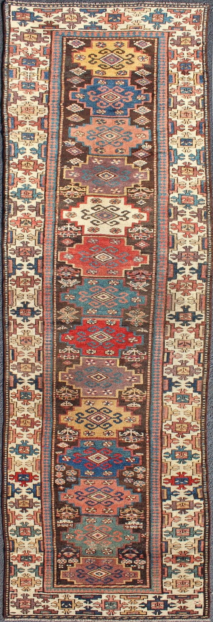 Northwest Persian antique runner with geometric design in multicolored tones, rug zir - 12, country of origin / type: Iran / N.W. Persian Tribal, circa 1900. This jewel - toned antique N.W. Persian rug, circa 1900, features a unique blend of colors ... - Keivan Woven ArtsZIR - 12 - 9396Rug