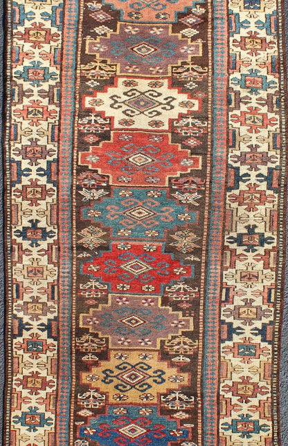 Northwest Persian antique runner with geometric design in multicolored tones, rug zir - 12, country of origin / type: Iran / N.W. Persian Tribal, circa 1900. This jewel - toned antique N.W. Persian rug, circa 1900, features a unique blend of colors ... - Keivan Woven ArtsZIR - 12 - 9396Rug