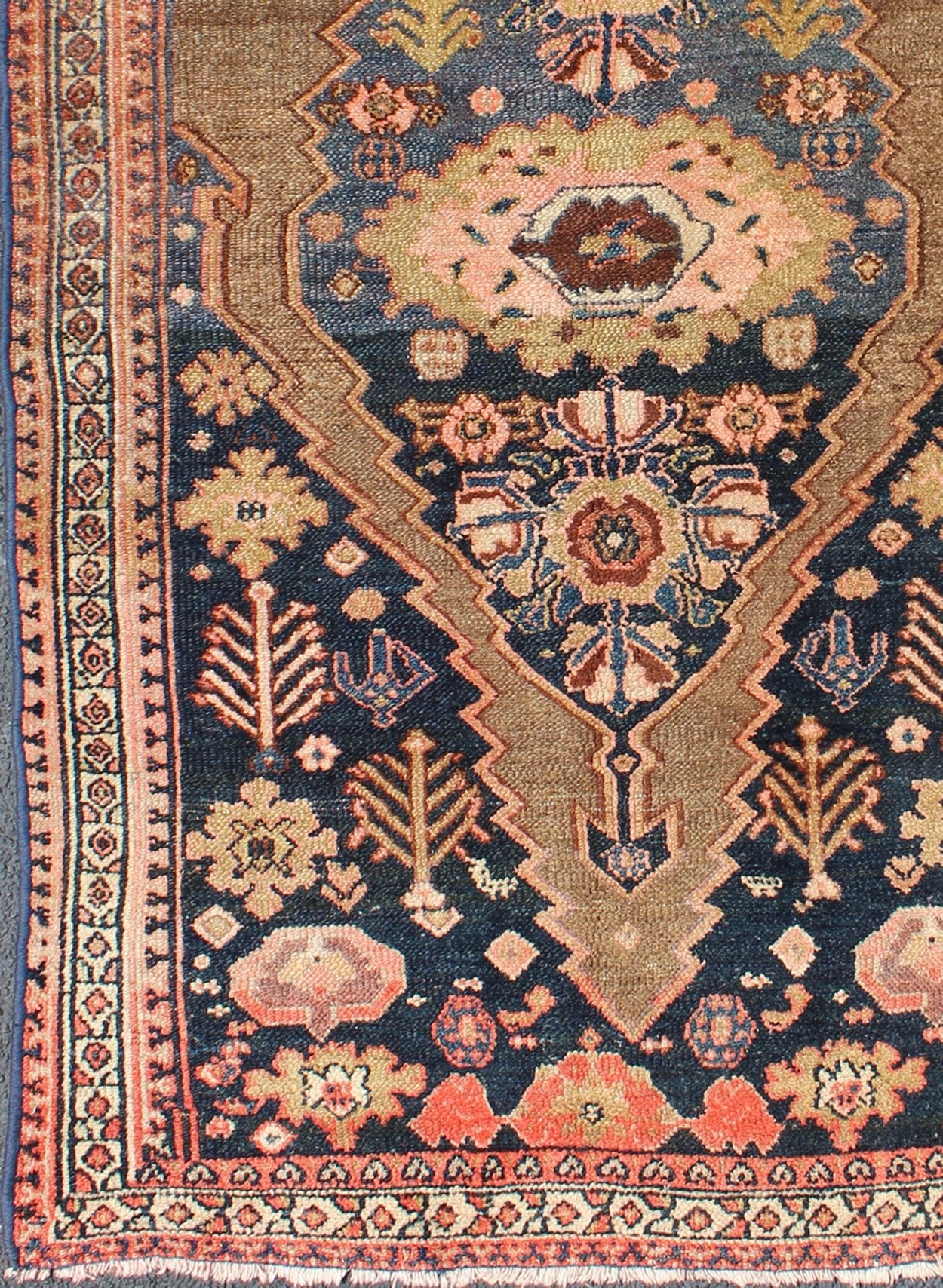 Tribal Medallion Design Antique Persian Serab Rug in Camel and Shades of Blue. this antique rug with Medallion design in camel and shades of blue, rug zir - 18, country of origin / type: Iran / Serab, circa 1900. Keivan Woven Arts This handwoven,... - Keivan Woven ArtsZIR - 18 - 10086Rug