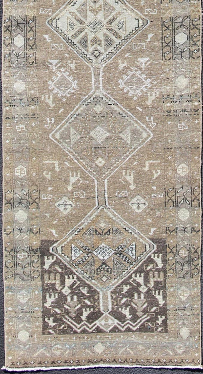 Tribal diamond medallion antique Heriz runner Persian in taupe, camel, brown, rug zir - 20, country of origin / type: Iran / Heriz, circa 1910 This antique Persian Heriz gallery rug, circa early 20th century, features a unique blend of colors and ... - Keivan Woven ArtsZIR - 20 - 10090Rug