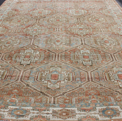 Large Antique Persian Over Sized Diamond Design Bakhtiari Rug in Multi Colors. Large antique Persian diamond design Bakhtiari rug in coral, blue, green, gold. All - over diamond design large antique Persian Bakhtiari rug in coral, blue, green, tan, gold.... - Keivan Woven ArtsZIR - 21 - 10094Rug
