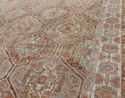 Large Antique Persian Over Sized Diamond Design Bakhtiari Rug in Multi Colors. Large antique Persian diamond design Bakhtiari rug in coral, blue, green, gold. All - over diamond design large antique Persian Bakhtiari rug in coral, blue, green, tan, gold.... - Keivan Woven ArtsZIR - 21 - 10094Rug