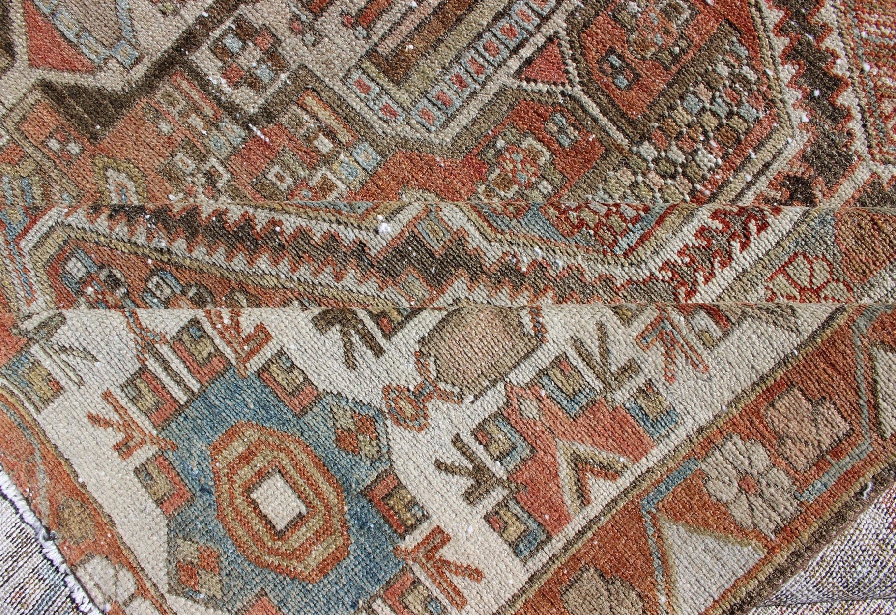 Large Antique Persian Over Sized Diamond Design Bakhtiari Rug in Multi Colors. Large antique Persian diamond design Bakhtiari rug in coral, blue, green, gold. All - over diamond design large antique Persian Bakhtiari rug in coral, blue, green, tan, gold.... - Keivan Woven ArtsZIR - 21 - 10094Rug