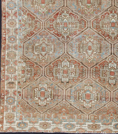 Large Antique Persian Over Sized Diamond Design Bakhtiari Rug in Multi Colors. Large antique Persian diamond design Bakhtiari rug in coral, blue, green, gold. All - over diamond design large antique Persian Bakhtiari rug in coral, blue, green, tan, gold.... - Keivan Woven ArtsZIR - 21 - 10094Rug