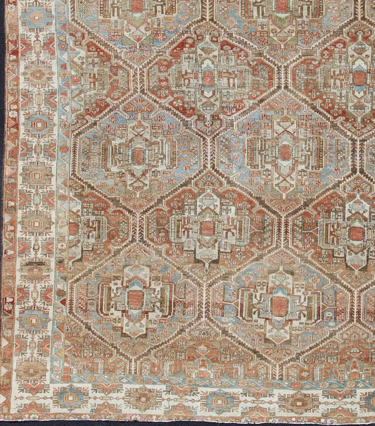 Large Antique Persian Over Sized Diamond Design Bakhtiari Rug in Multi Colors. Large antique Persian diamond design Bakhtiari rug in coral, blue, green, gold. All - over diamond design large antique Persian Bakhtiari rug in coral, blue, green, tan, gold.... - Keivan Woven ArtsZIR - 21 - 10094