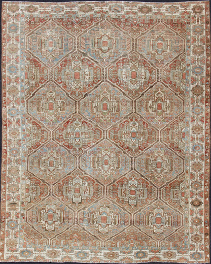 Large Antique Persian Over Sized Diamond Design Bakhtiari Rug in Multi Colors. Large antique Persian diamond design Bakhtiari rug in coral, blue, green, gold. All - over diamond design large antique Persian Bakhtiari rug in coral, blue, green, tan, gold.... - Keivan Woven ArtsZIR - 21 - 10094Rug