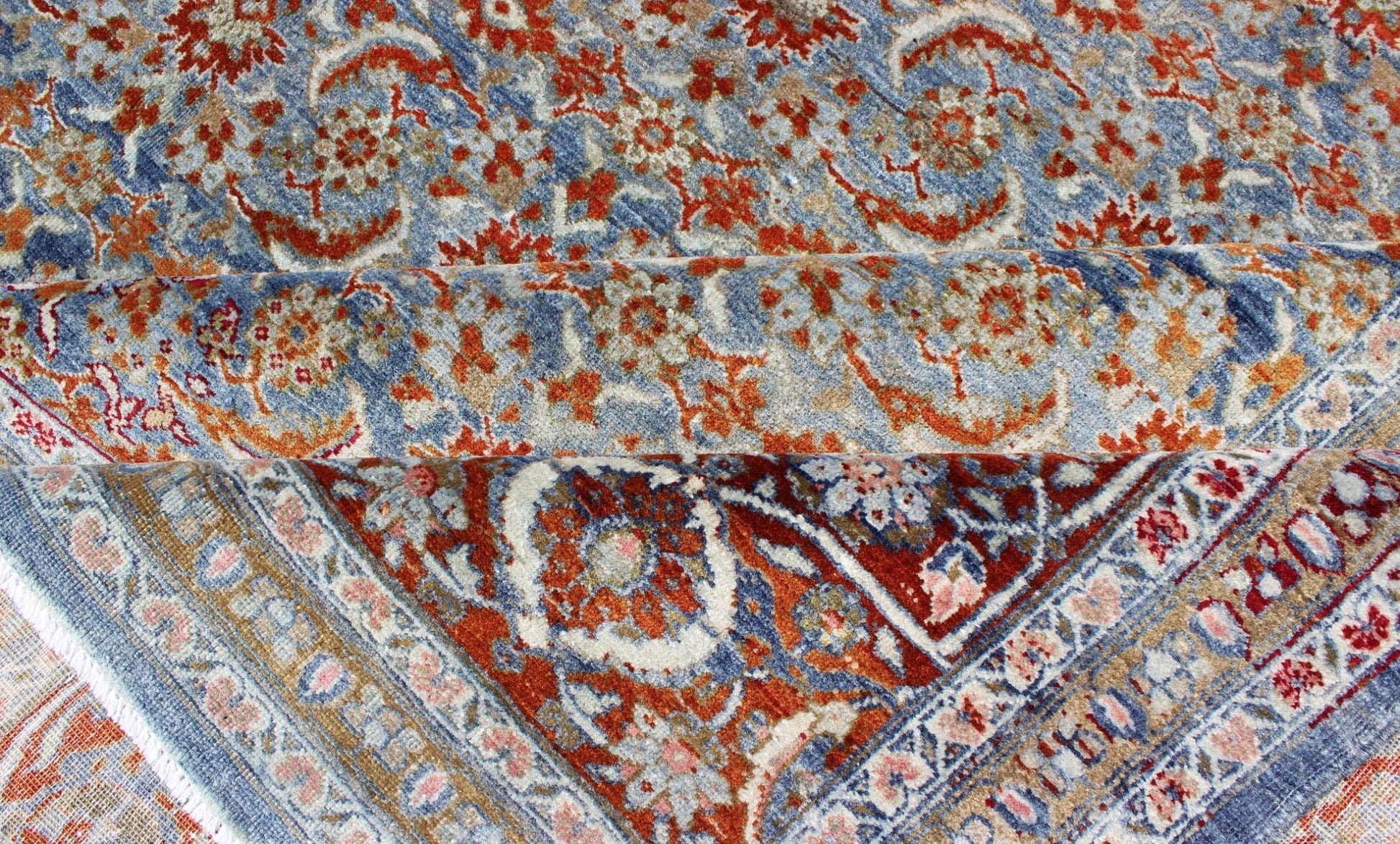 Light Blue and Red Antique Tabriz Rug with All Over Herati Design. Red and light blue vintage Persian Tabriz rug with free flowing floral design, rug zir - 3, country of origin / type: Iran / Tabriz, circa 1910 This magnificent early 20th century ... - Keivan Woven ArtsZIR - 3 - 9868Rug