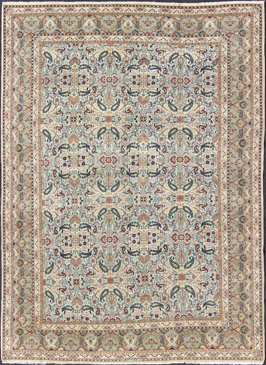 Fine Persian Kashan in Celadon green, light blue field Intricate Floral Motifs Persian Kashan rug with all - over blossom design, Keivan Woven Arts/rug /zir - 4, country of origin / type: Iran / Kashan, circa 1940 Measures: 9' x 11'7 ... - Keivan Woven ArtsZIR - 4 - 9872Rug