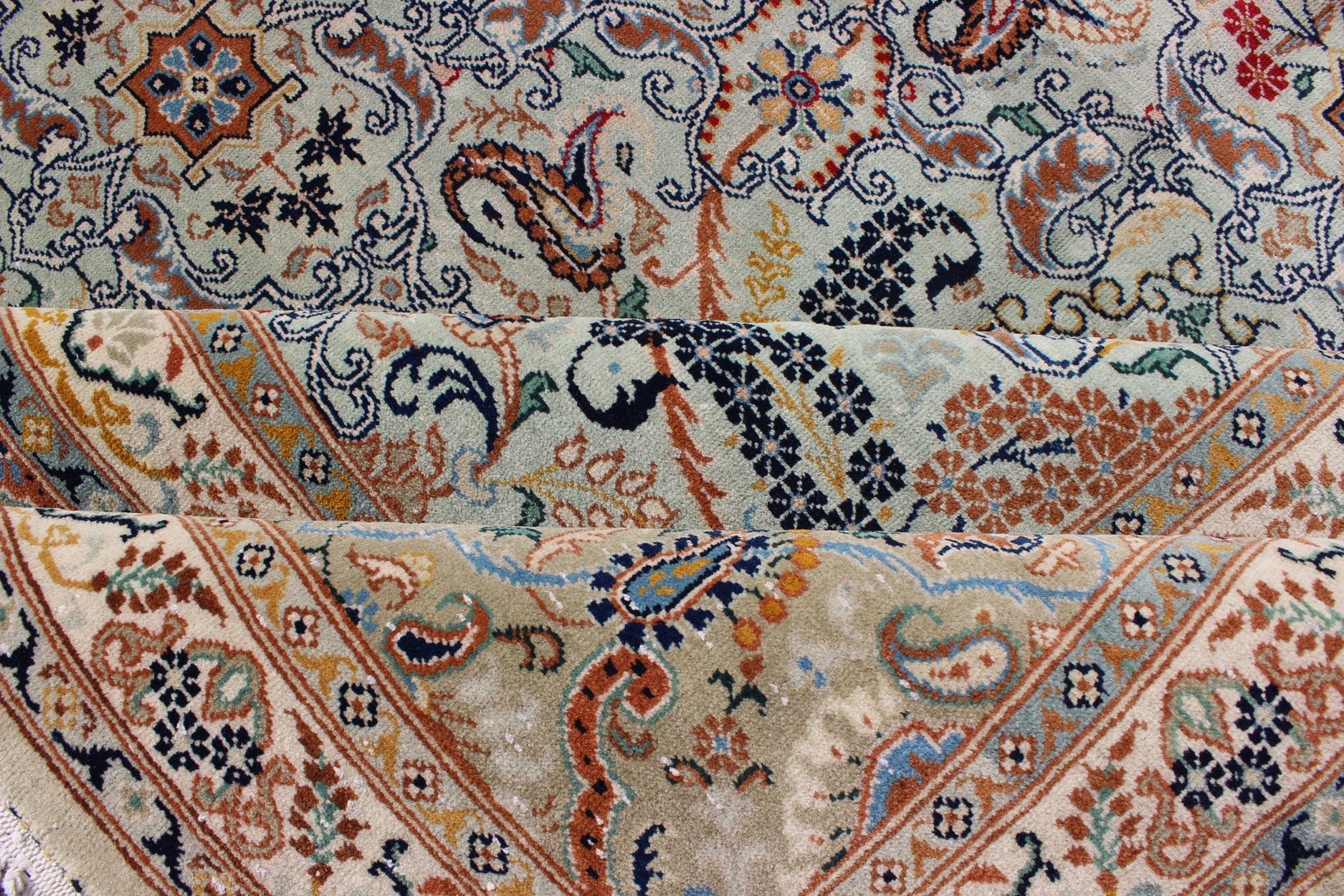 Fine Persian Kashan in Celadon green, light blue field Intricate Floral Motifs Persian Kashan rug with all - over blossom design, Keivan Woven Arts/rug /zir - 4, country of origin / type: Iran / Kashan, circa 1940 Measures: 9' x 11'7 ... - Keivan Woven ArtsZIR - 4 - 9872Rug