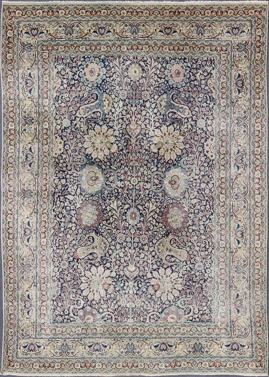 Navy Blue Antique Persian Fine Tabriz Rug with All - Over Large Scale Flowers. Navy Blue, ivory and multi colors antique Persian Tabriz rug with all - over large scale floral design, rug zir - 5, country of origin / type: Iran / Tabriz, circa 1910 ... - Keivan Woven ArtsZIR - 5 - 9878Rug
