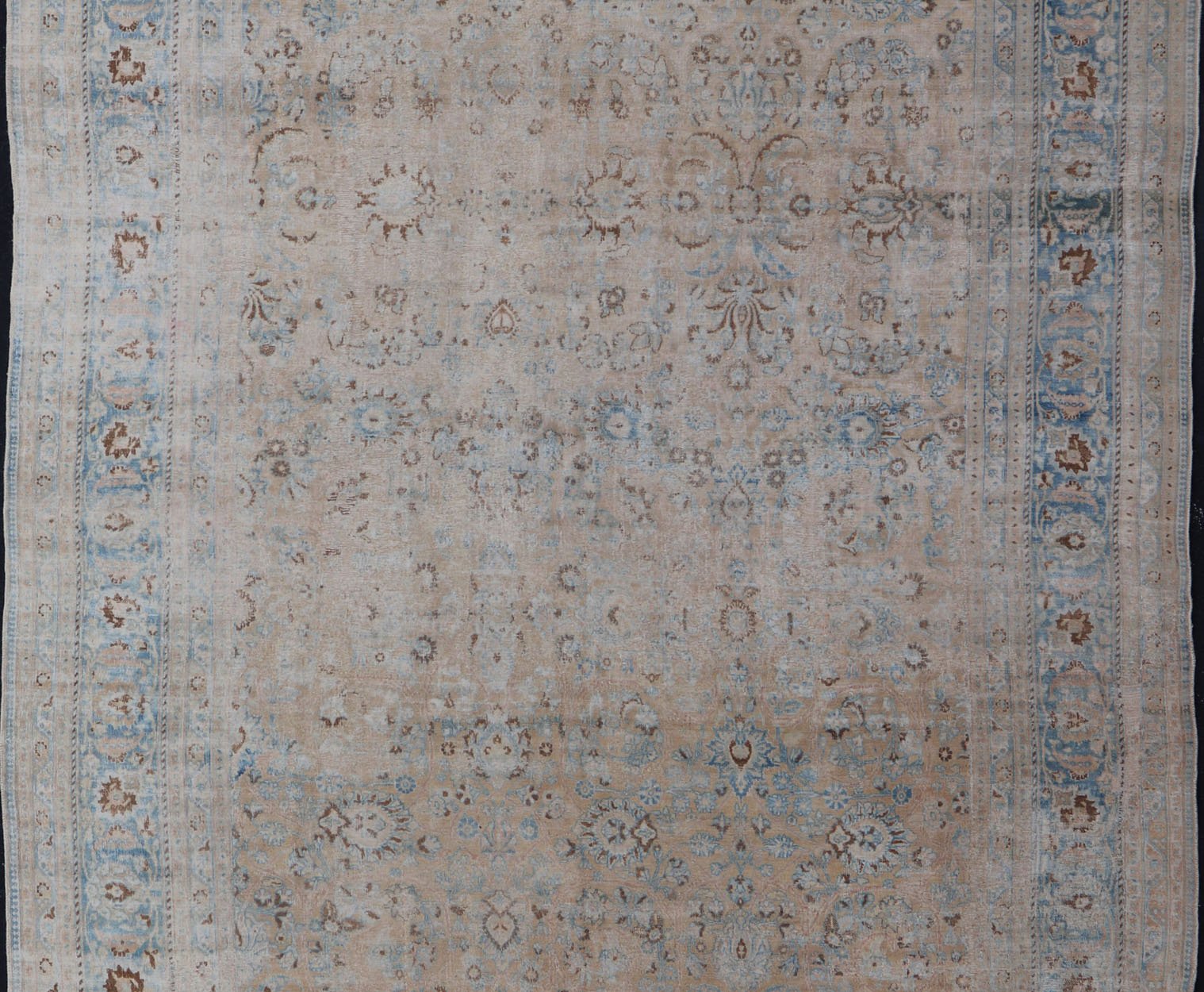 Persian distressed Antique Mashhad Carpet with Muted Floral and Medallion Design. Antique distressed Persian Mashhad carpet with tan and blue floral and medallion design, / ZIR - 51 - KV - 10. Persian Mashhad floral design. This outstanding mu... - Keivan Woven ArtsZIR - 51 - KV - 10 - 14994Rug