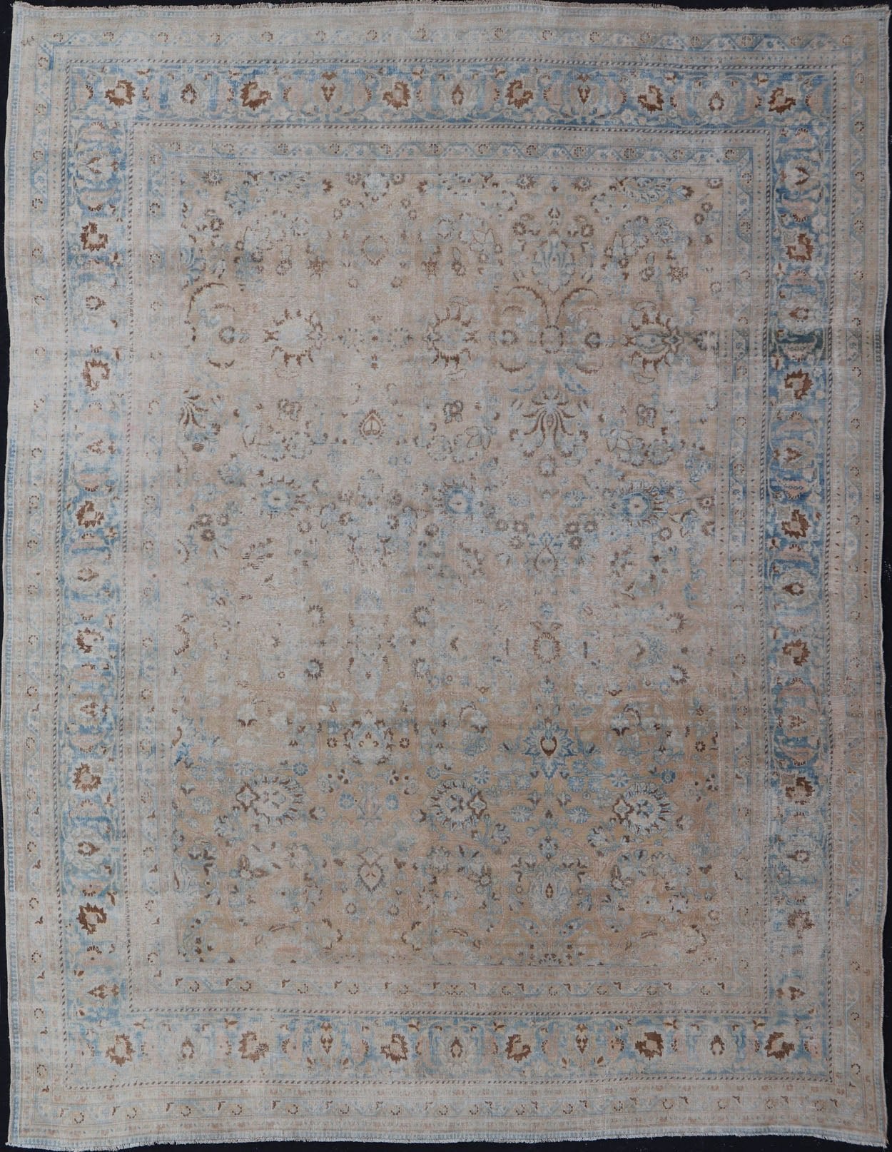 Persian distressed Antique Mashhad Carpet with Muted Floral and Medallion Design. Antique distressed Persian Mashhad carpet with tan and blue floral and medallion design, / ZIR - 51 - KV - 10. Persian Mashhad floral design. This outstanding mu... - Keivan Woven ArtsZIR - 51 - KV - 10 - 14994