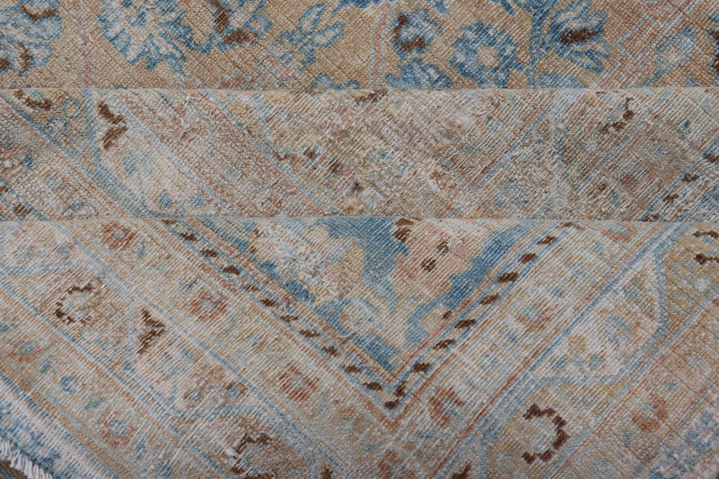 Persian distressed Antique Mashhad Carpet with Muted Floral and Medallion Design. Antique distressed Persian Mashhad carpet with tan and blue floral and medallion design, / ZIR - 51 - KV - 10. Persian Mashhad floral design. This outstanding mu... - Keivan Woven ArtsZIR - 51 - KV - 10 - 14994