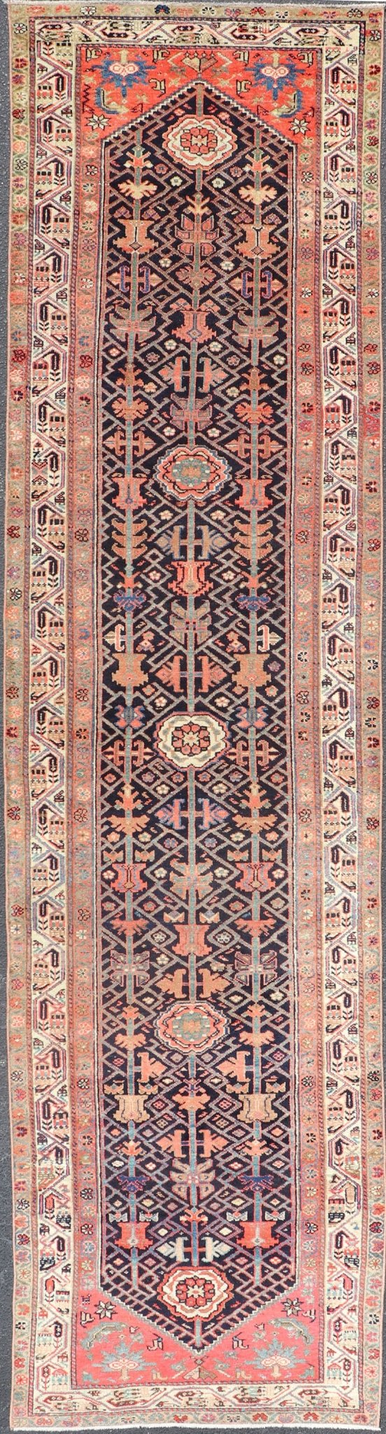 Antique Persian Malayer Runner with Sub - Geometric All - Over Design in Navy Color. Malayer antique runner from Persia with geometric floral central field design, rug ZIR - 58 - KV - 04, country of origin / type: Iran / Malayer, circa 1910. This a... - Keivan Woven ArtsZIR - 58 - KV - 04 - 15012Rug