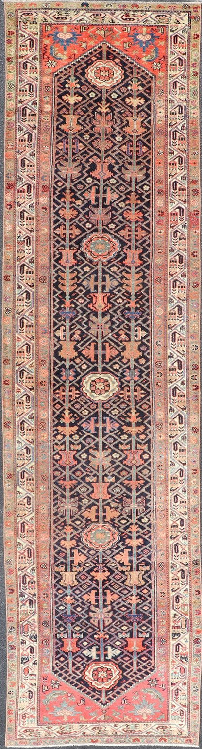 Antique Persian Malayer Runner with Sub - Geometric All - Over Design in Navy Color. Malayer antique runner from Persia with geometric floral central field design, rug ZIR - 58 - KV - 04, country of origin / type: Iran / Malayer, circa 1910. This a... - Keivan Woven ArtsZIR - 58 - KV - 04 - 15012Rug