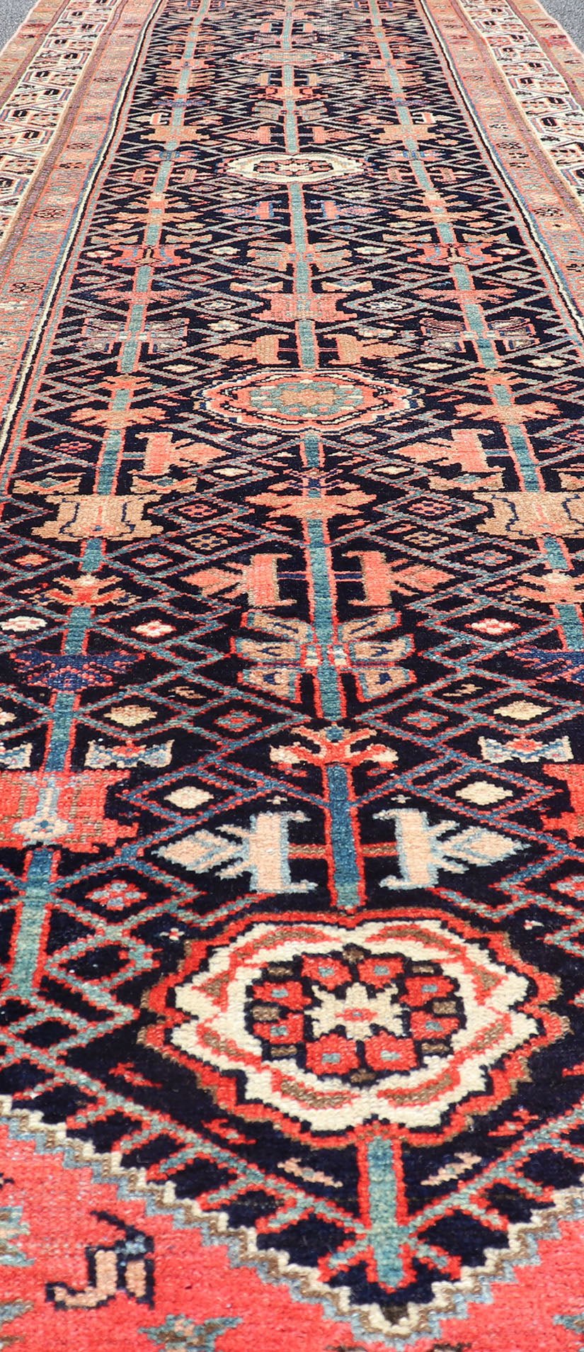 Antique Persian Malayer Runner with Sub - Geometric All - Over Design in Navy Color. Malayer antique runner from Persia with geometric floral central field design, rug ZIR - 58 - KV - 04, country of origin / type: Iran / Malayer, circa 1910. This a... - Keivan Woven ArtsZIR - 58 - KV - 04 - 15012Rug