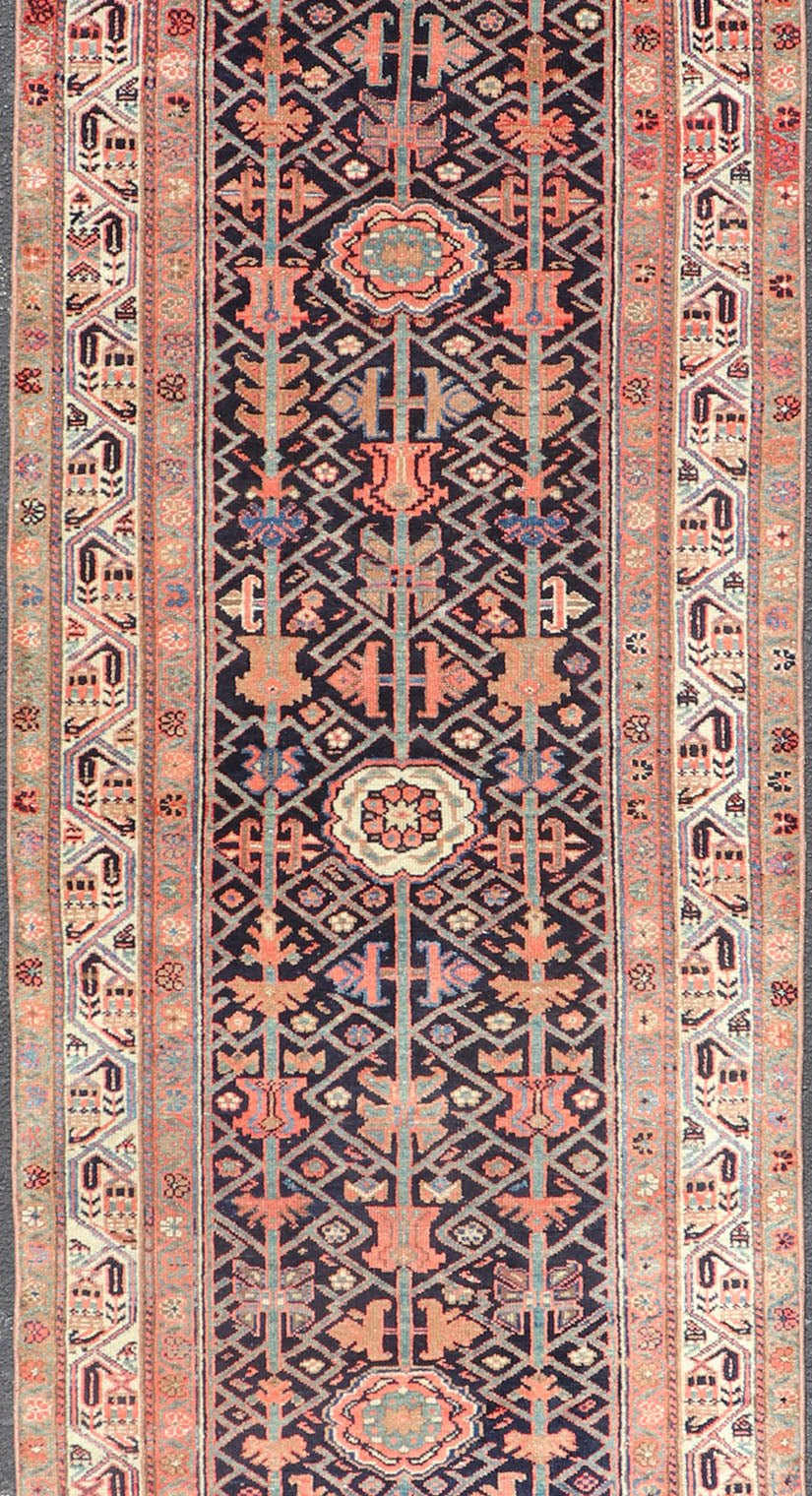 Antique Persian Malayer Runner with Sub - Geometric All - Over Design in Navy Color. Malayer antique runner from Persia with geometric floral central field design, rug ZIR - 58 - KV - 04, country of origin / type: Iran / Malayer, circa 1910. This a... - Keivan Woven ArtsZIR - 58 - KV - 04 - 15012Rug