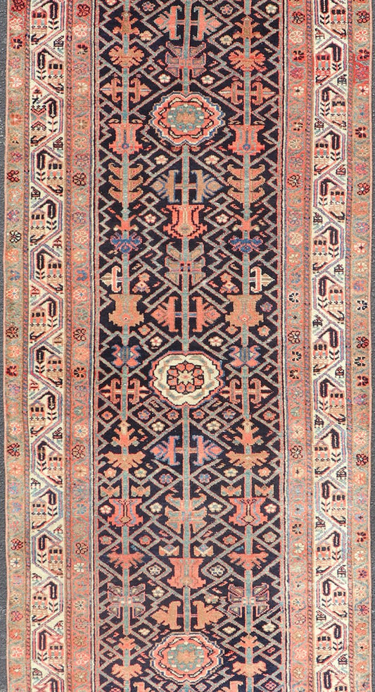 Antique Persian Malayer Runner with Sub - Geometric All - Over Design in Navy Color. Malayer antique runner from Persia with geometric floral central field design, rug ZIR - 58 - KV - 04, country of origin / type: Iran / Malayer, circa 1910. This a... - Keivan Woven ArtsZIR - 58 - KV - 04 - 15012Rug