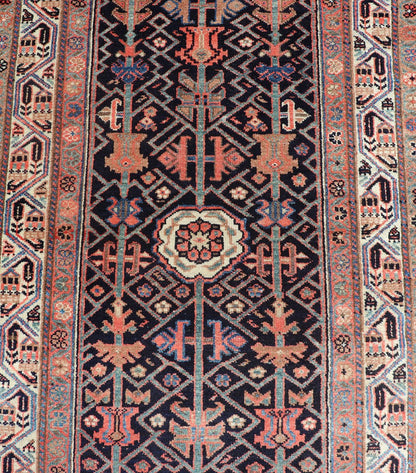Antique Persian Malayer Runner with Sub - Geometric All - Over Design in Navy Color. Malayer antique runner from Persia with geometric floral central field design, rug ZIR - 58 - KV - 04, country of origin / type: Iran / Malayer, circa 1910. This a... - Keivan Woven ArtsZIR - 58 - KV - 04 - 15012Rug
