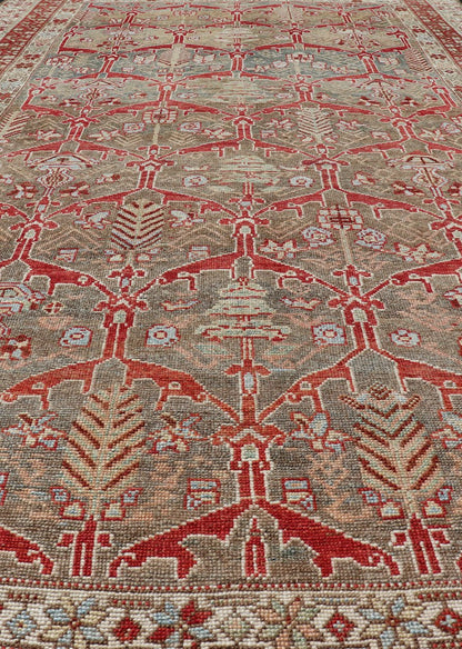 Kurdish Antique Gallery Runner with Tribal Design in Light Green, Tan and Red Antique Kurdish runner antique with tribal geometric medallions in soft green, brown, red, cream and tans. rug ZIR - 62 - KV - 14 - 15, Keivan Woven Arts / country of origin /... - Keivan Woven ArtsZIR - 62 - KV - 14 - 15 - 15036Rug