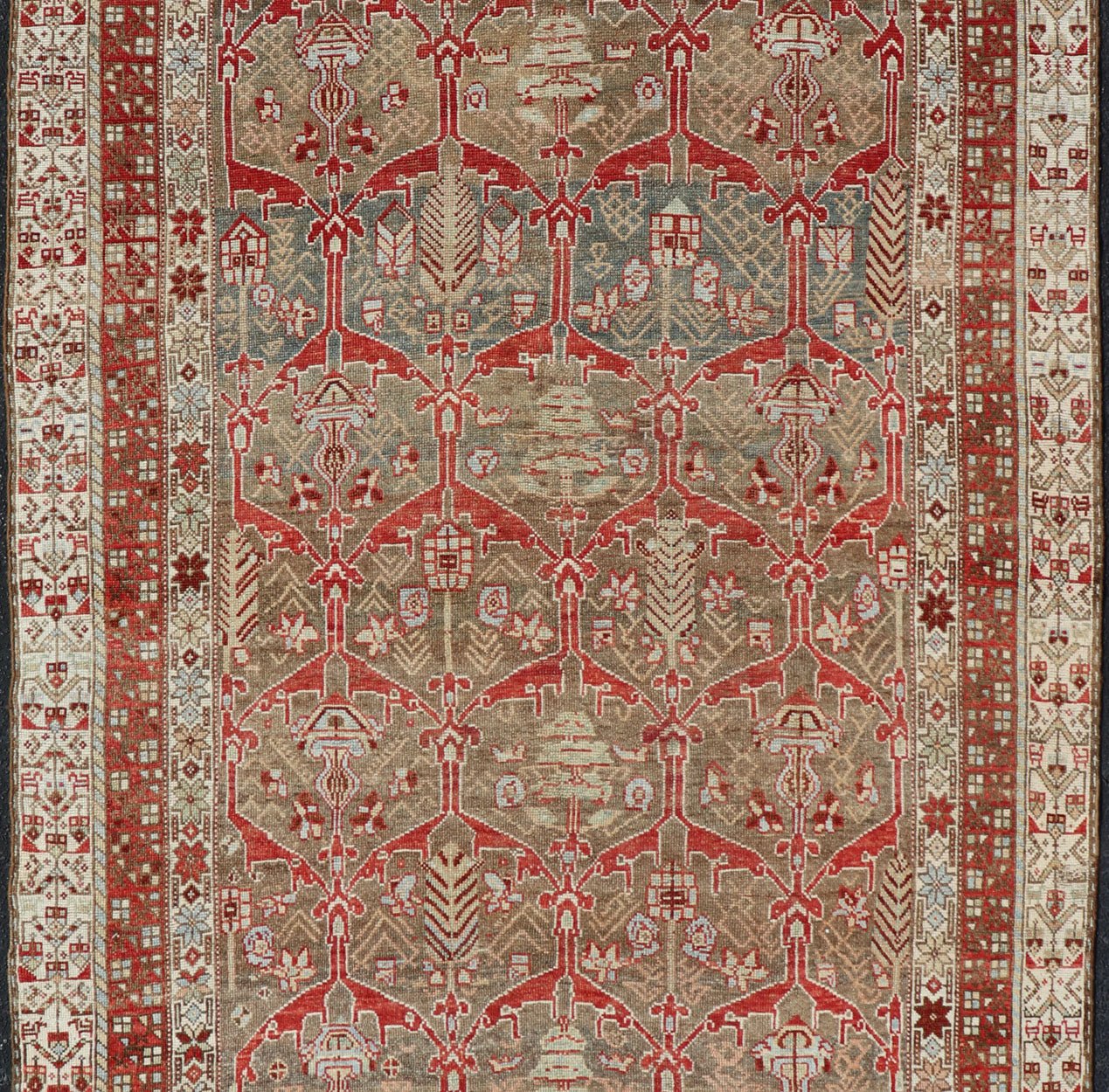 Kurdish Antique Gallery Runner with Tribal Design in Light Green, Tan and Red Antique Kurdish runner antique with tribal geometric medallions in soft green, brown, red, cream and tans. rug ZIR - 62 - KV - 14 - 15, Keivan Woven Arts / country of origin /... - Keivan Woven ArtsZIR - 62 - KV - 14 - 15 - 15036Rug