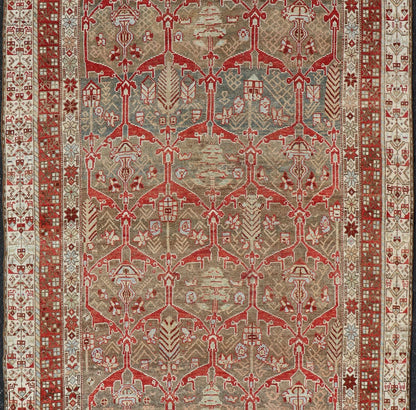 Kurdish Antique Gallery Runner with Tribal Design in Light Green, Tan and Red Antique Kurdish runner antique with tribal geometric medallions in soft green, brown, red, cream and tans. rug ZIR - 62 - KV - 14 - 15, Keivan Woven Arts / country of origin /... - Keivan Woven ArtsZIR - 62 - KV - 14 - 15 - 15036Rug