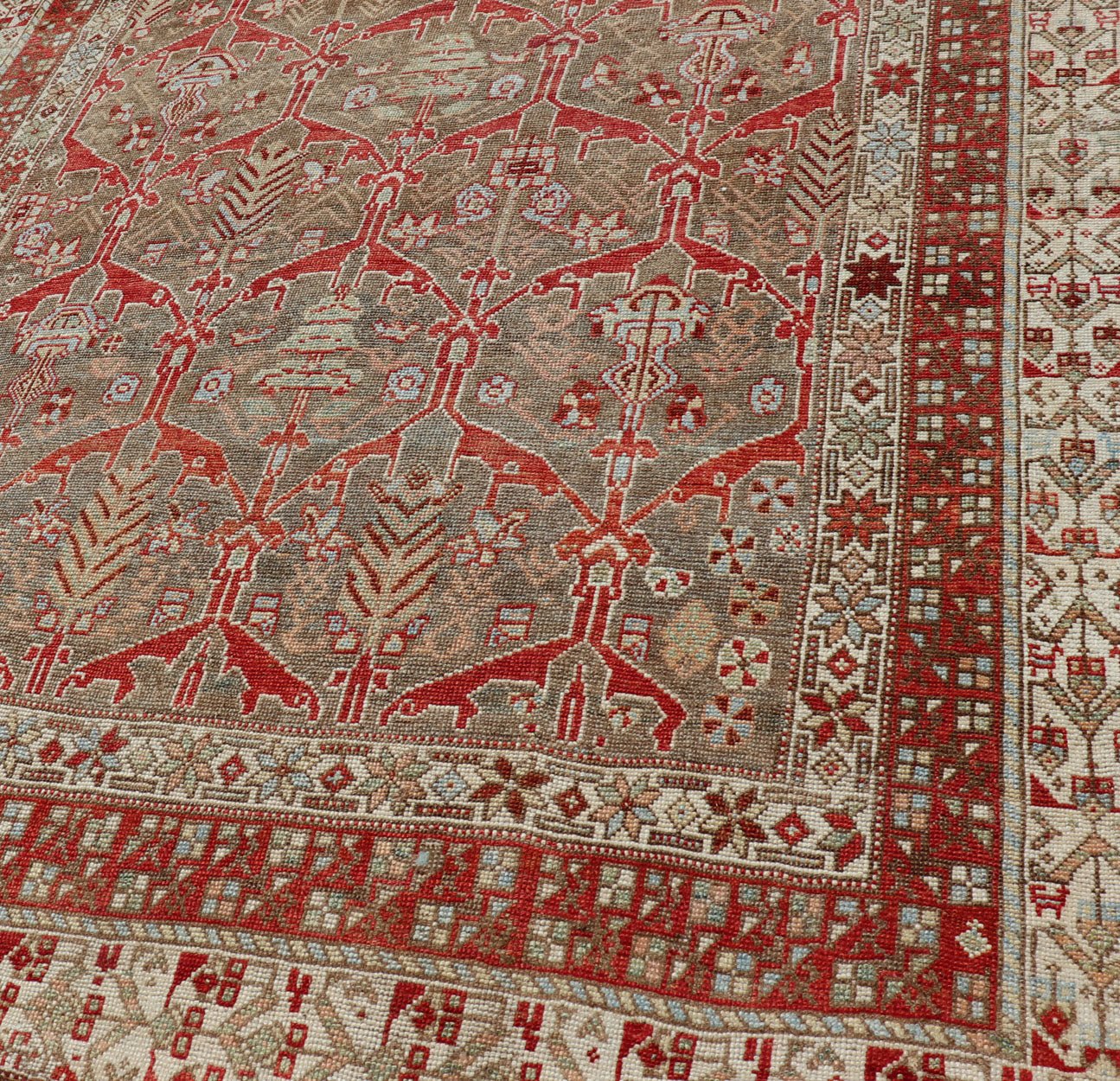 Kurdish Antique Gallery Runner with Tribal Design in Light Green, Tan and Red Antique Kurdish runner antique with tribal geometric medallions in soft green, brown, red, cream and tans. rug ZIR - 62 - KV - 14 - 15, Keivan Woven Arts / country of origin /... - Keivan Woven ArtsZIR - 62 - KV - 14 - 15 - 15036Rug