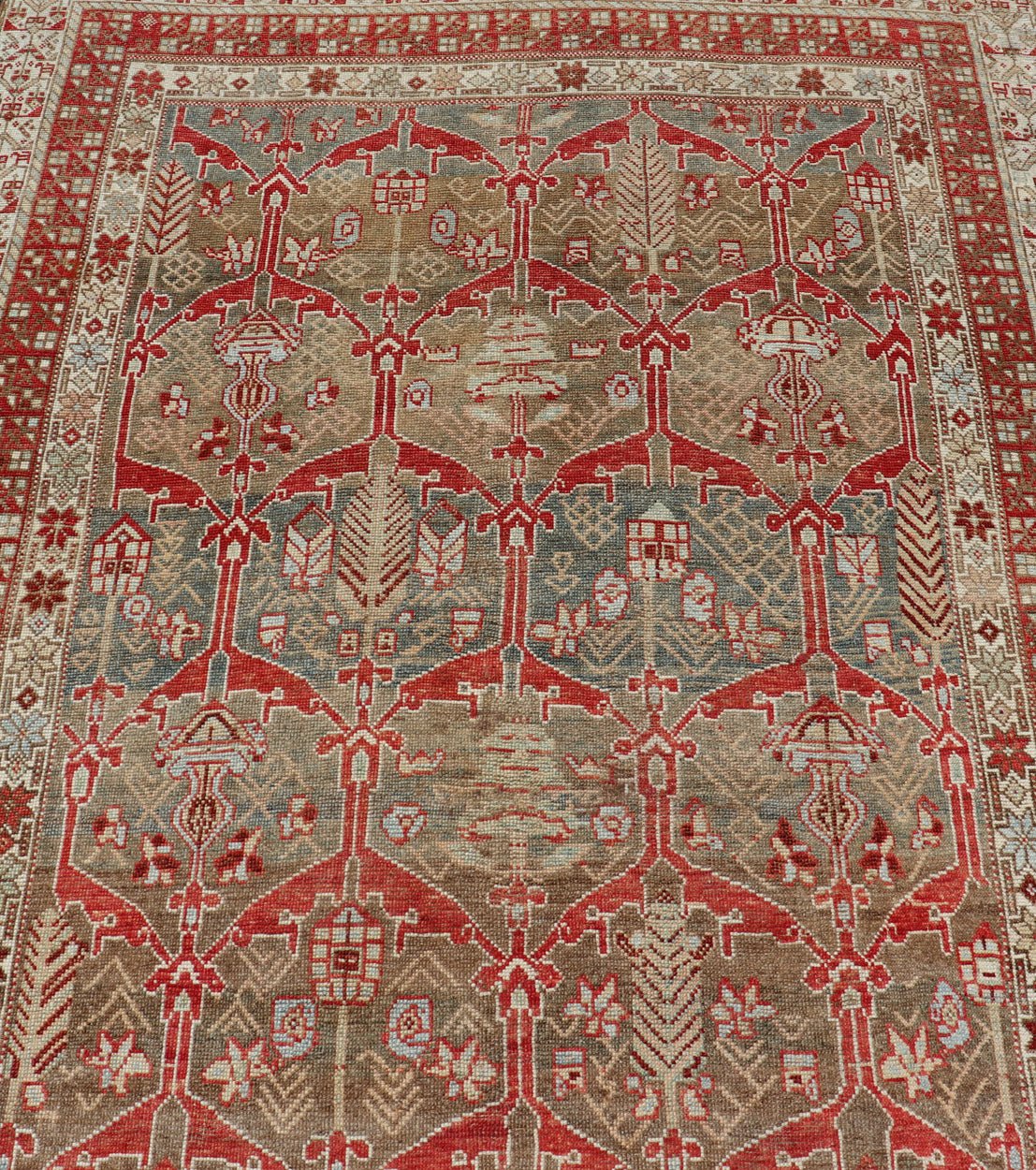 Kurdish Antique Gallery Runner with Tribal Design in Light Green, Tan and Red Antique Kurdish runner antique with tribal geometric medallions in soft green, brown, red, cream and tans. rug ZIR - 62 - KV - 14 - 15, Keivan Woven Arts / country of origin /... - Keivan Woven ArtsZIR - 62 - KV - 14 - 15 - 15036Rug
