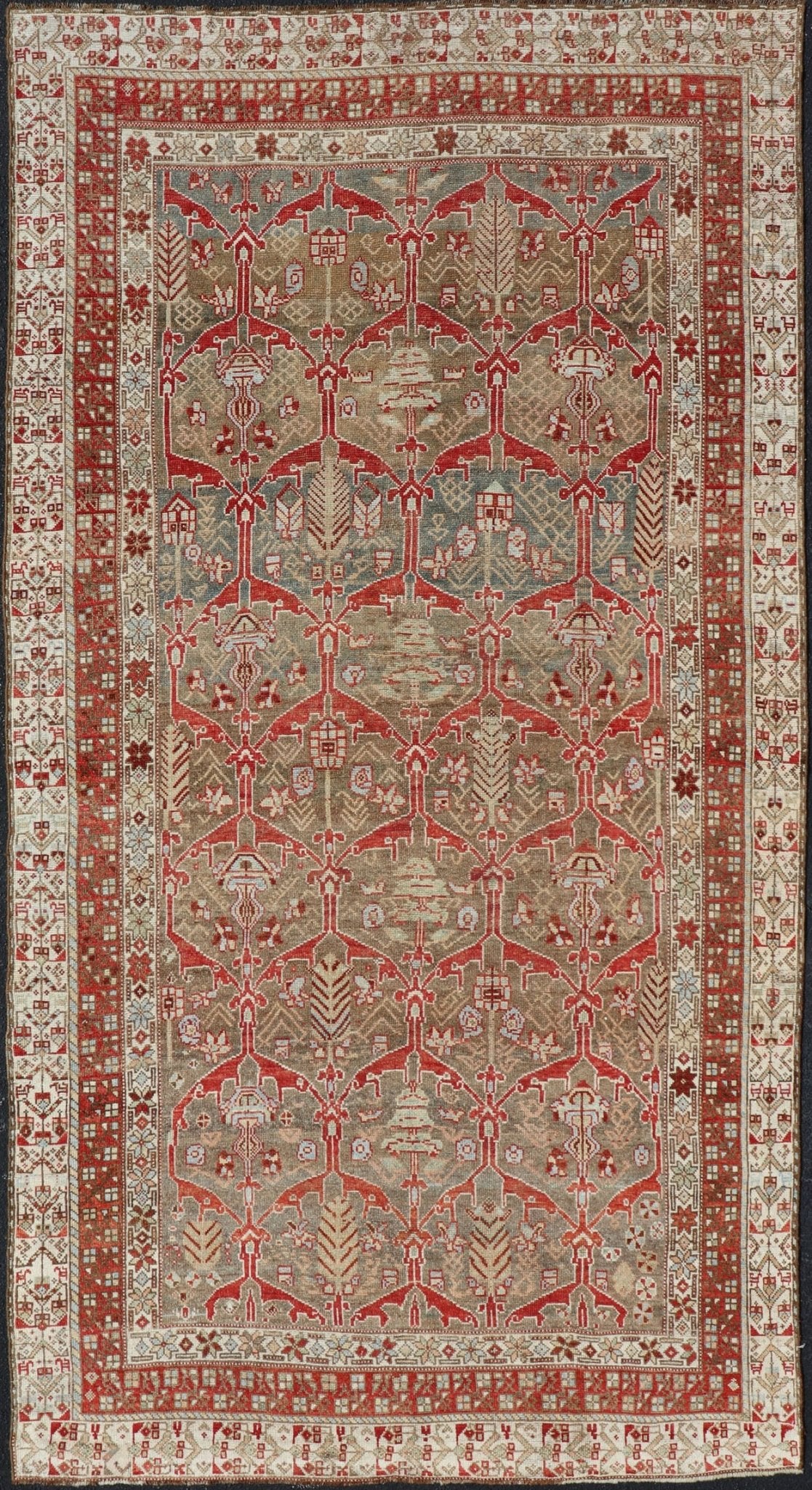 Kurdish Antique Gallery Runner with Tribal Design in Light Green, Tan and Red Antique Kurdish runner antique with tribal geometric medallions in soft green, brown, red, cream and tans. rug ZIR - 62 - KV - 14 - 15, Keivan Woven Arts / country of origin /... - Keivan Woven ArtsZIR - 62 - KV - 14 - 15 - 15036Rug
