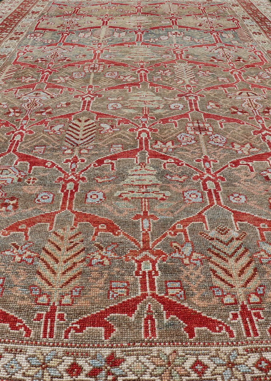 Kurdish Antique Gallery Runner with Tribal Design in Light Green, Tan and Red Antique Kurdish runner antique with tribal geometric medallions in soft green, brown, red, cream and tans. rug ZIR - 62 - KV - 14 - 15, Keivan Woven Arts / country of origin /... - Keivan Woven ArtsZIR - 62 - KV - 14 - 15 - 15036