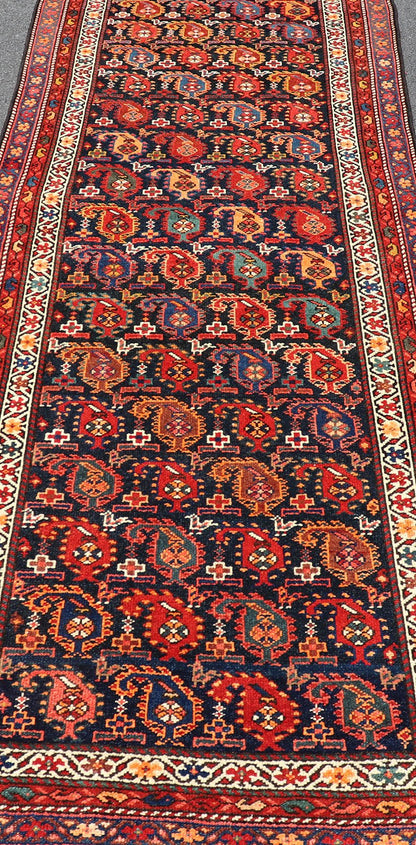 Antique Kurdish Runner with All - Over Geometric Design in Charcoal Background Antique Runner from Persia with geometric design in charcoal background, with accent colors of red, blue, green, orange and Light blue. Keivan Woven Arts/ rug ZIR - 63 - KV... - Keivan Woven ArtsZIR - 63 - KV - 16 - P13630 - 15042