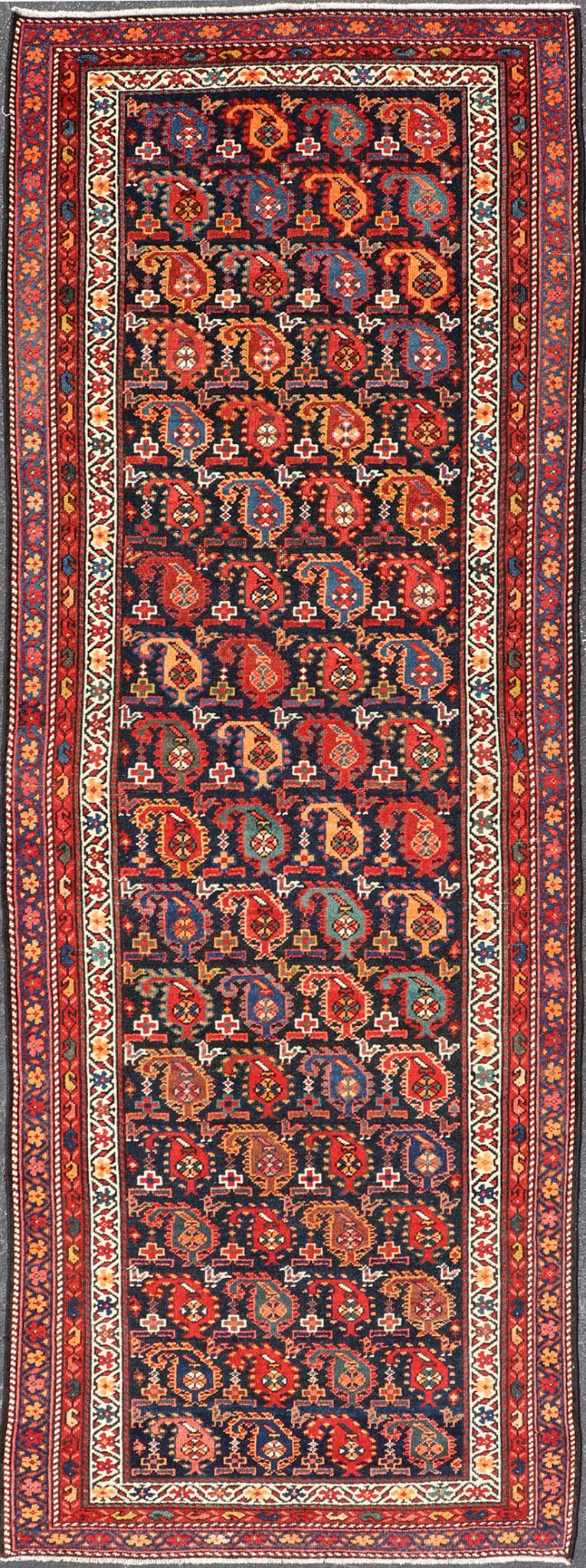 Antique Kurdish Runner with All - Over Geometric Design in Charcoal Background Antique Runner from Persia with geometric design in charcoal background, with accent colors of red, blue, green, orange and Light blue. Keivan Woven Arts/ rug ZIR - 63 - KV... - Keivan Woven ArtsZIR - 63 - KV - 16 - P13630 - 15042