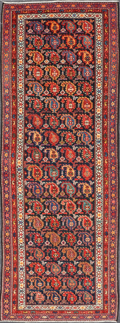Antique Kurdish Runner with All - Over Geometric Design in Charcoal Background Antique Runner from Persia with geometric design in charcoal background, with accent colors of red, blue, green, orange and Light blue. Keivan Woven Arts/ rug ZIR - 63 - KV... - Keivan Woven ArtsZIR - 63 - KV - 16 - P13630 - 15042