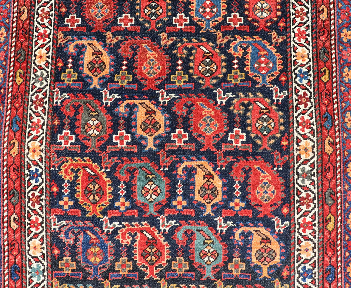 Antique Kurdish Runner with All - Over Geometric Design in Charcoal Background Antique Runner from Persia with geometric design in charcoal background, with accent colors of red, blue, green, orange and Light blue. Keivan Woven Arts/ rug ZIR - 63 - KV... - Keivan Woven ArtsZIR - 63 - KV - 16 - P13630 - 15042Rug