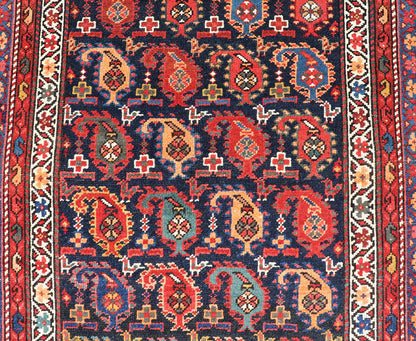 Antique Kurdish Runner with All - Over Geometric Design in Charcoal Background Antique Runner from Persia with geometric design in charcoal background, with accent colors of red, blue, green, orange and Light blue. Keivan Woven Arts/ rug ZIR - 63 - KV... - Keivan Woven ArtsZIR - 63 - KV - 16 - P13630 - 15042