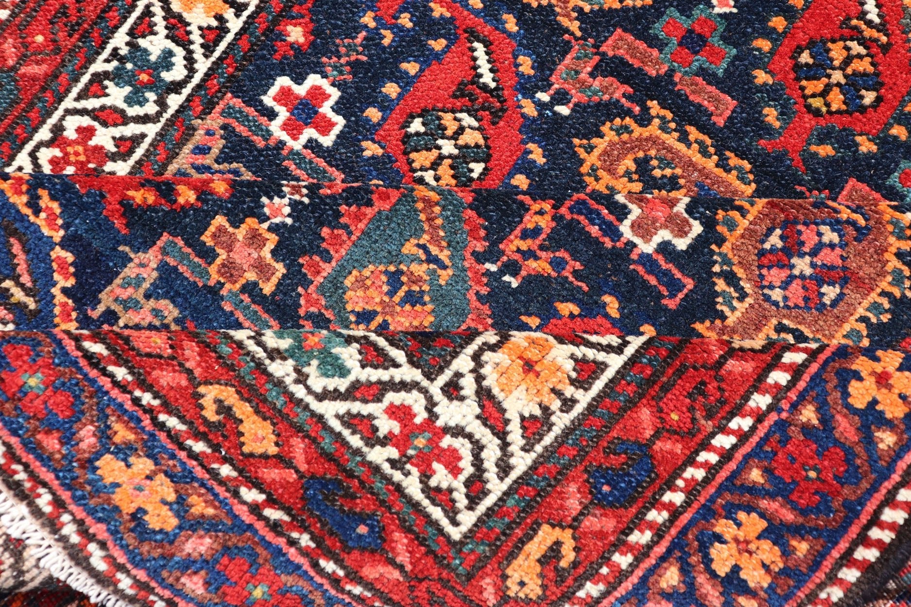 Antique Kurdish Runner with All - Over Geometric Design in Charcoal Background Antique Runner from Persia with geometric design in charcoal background, with accent colors of red, blue, green, orange and Light blue. Keivan Woven Arts/ rug ZIR - 63 - KV... - Keivan Woven ArtsZIR - 63 - KV - 16 - P13630 - 15042Rug