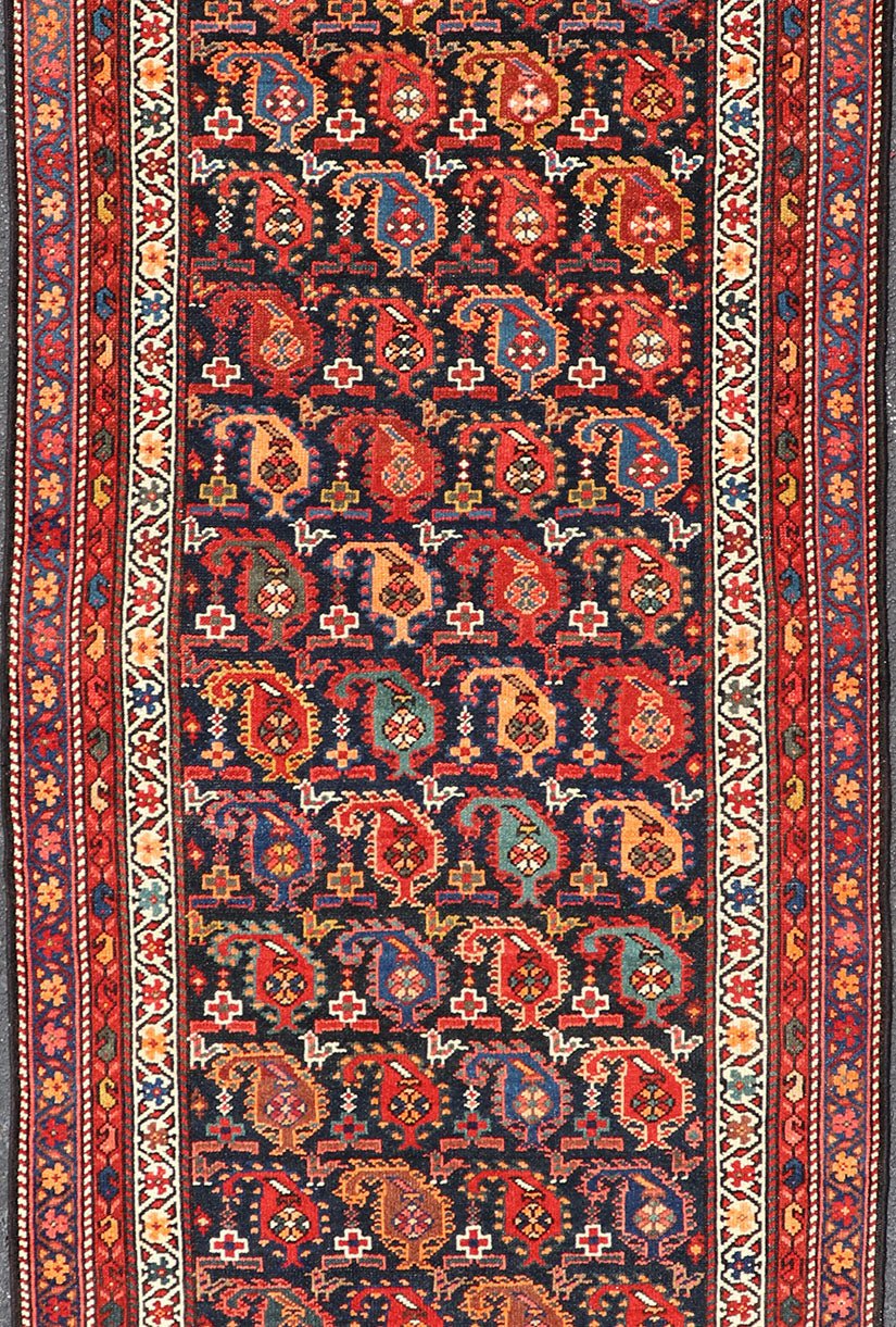 Antique Kurdish Runner with All - Over Geometric Design in Charcoal Background Antique Runner from Persia with geometric design in charcoal background, with accent colors of red, blue, green, orange and Light blue. Keivan Woven Arts/ rug ZIR - 63 - KV... - Keivan Woven ArtsZIR - 63 - KV - 16 - P13630 - 15042Rug