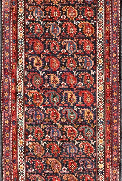 Antique Kurdish Runner with All - Over Geometric Design in Charcoal Background Antique Runner from Persia with geometric design in charcoal background, with accent colors of red, blue, green, orange and Light blue. Keivan Woven Arts/ rug ZIR - 63 - KV... - Keivan Woven ArtsZIR - 63 - KV - 16 - P13630 - 15042Rug