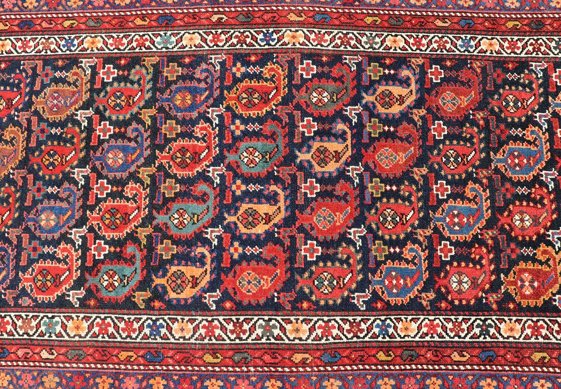 Antique Kurdish Runner with All - Over Geometric Design in Charcoal Background Antique Runner from Persia with geometric design in charcoal background, with accent colors of red, blue, green, orange and Light blue. Keivan Woven Arts/ rug ZIR - 63 - KV... - Keivan Woven ArtsZIR - 63 - KV - 16 - P13630 - 15042