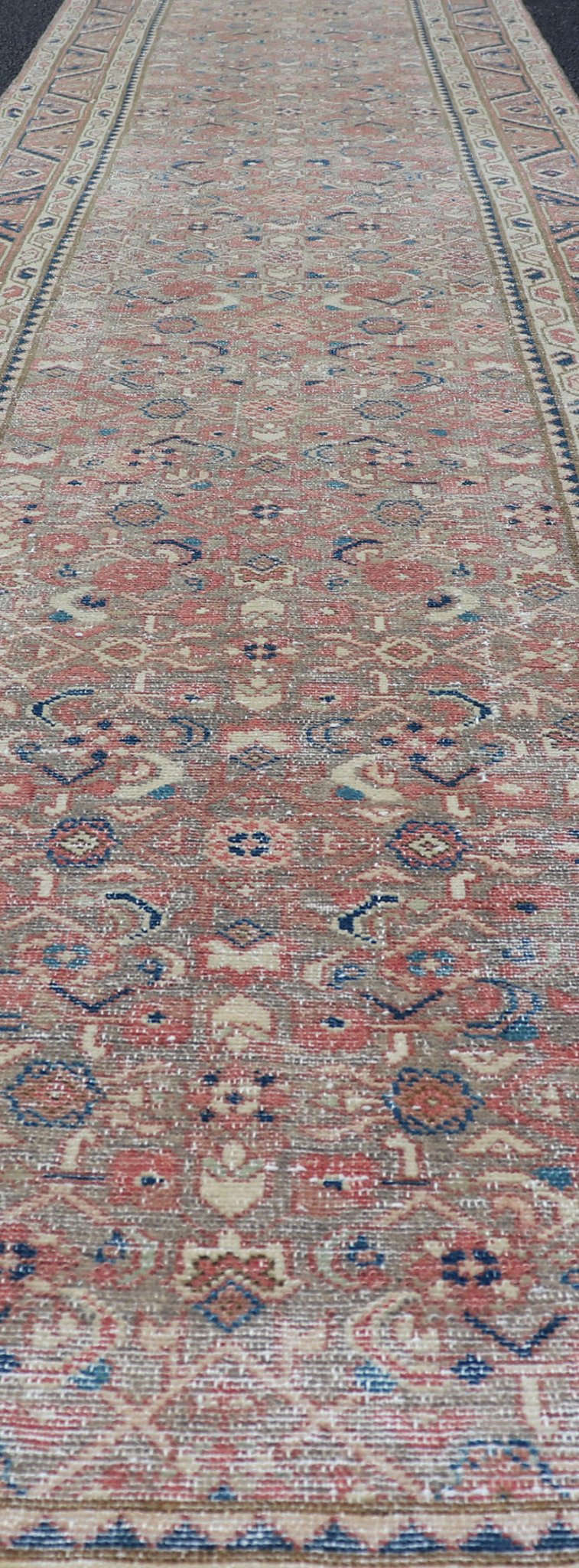 Antique Persian Malayer Runner in Tones of Blue, Salmon, Cream, and Tans Long Persian Malayer runner with small pattern in all - over design. Fine Persian Malayer Runner in soft tones of blue, salmon, cream, and earthy tones. Antique Persian rug ... - Keivan Woven ArtsZIR - 64 - KV - 13 - P13815 - 15048