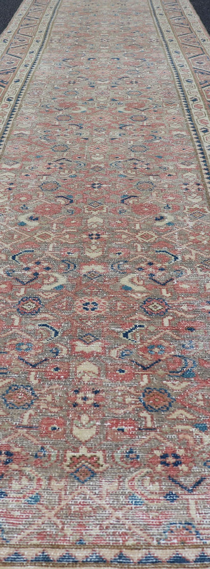 Antique Persian Malayer Runner in Tones of Blue, Salmon, Cream, and Tans Long Persian Malayer runner with small pattern in all - over design. Fine Persian Malayer Runner in soft tones of blue, salmon, cream, and earthy tones. Antique Persian rug ... - Keivan Woven ArtsZIR - 64 - KV - 13 - P13815 - 15048