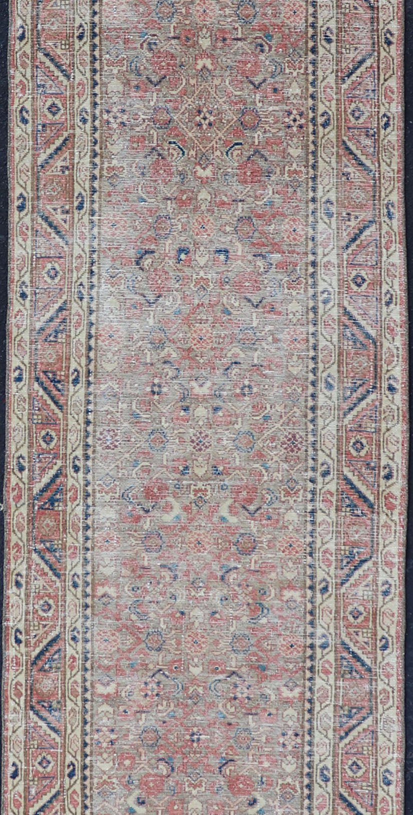Antique Persian Malayer Runner in Tones of Blue, Salmon, Cream, and Tans Long Persian Malayer runner with small pattern in all - over design. Fine Persian Malayer Runner in soft tones of blue, salmon, cream, and earthy tones. Antique Persian rug ... - Keivan Woven ArtsZIR - 64 - KV - 13 - P13815 - 15048