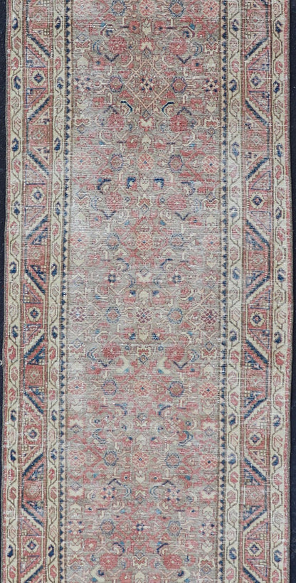 Antique Persian Malayer Runner in Tones of Blue, Salmon, Cream, and Tans Long Persian Malayer runner with small pattern in all - over design. Fine Persian Malayer Runner in soft tones of blue, salmon, cream, and earthy tones. Antique Persian rug ... - Keivan Woven ArtsZIR - 64 - KV - 13 - P13815 - 15048